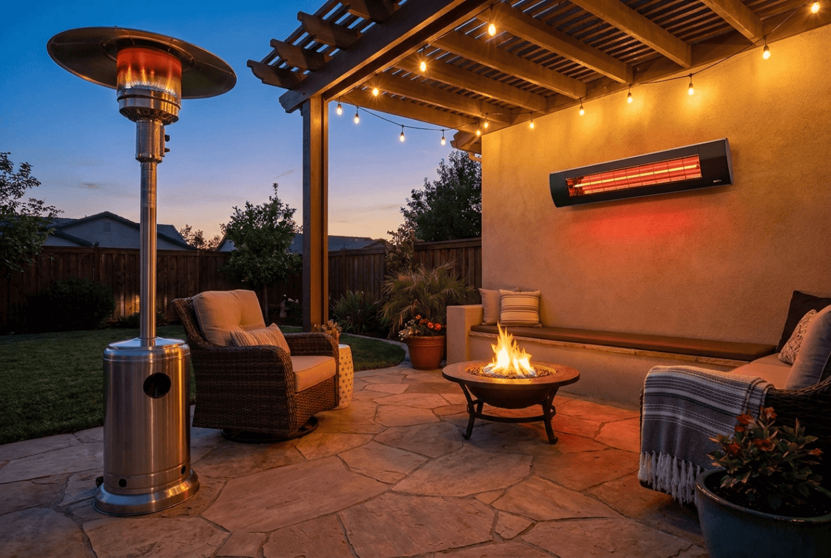 Propane patio heater and electric infrared heater side by side on a backyard patio