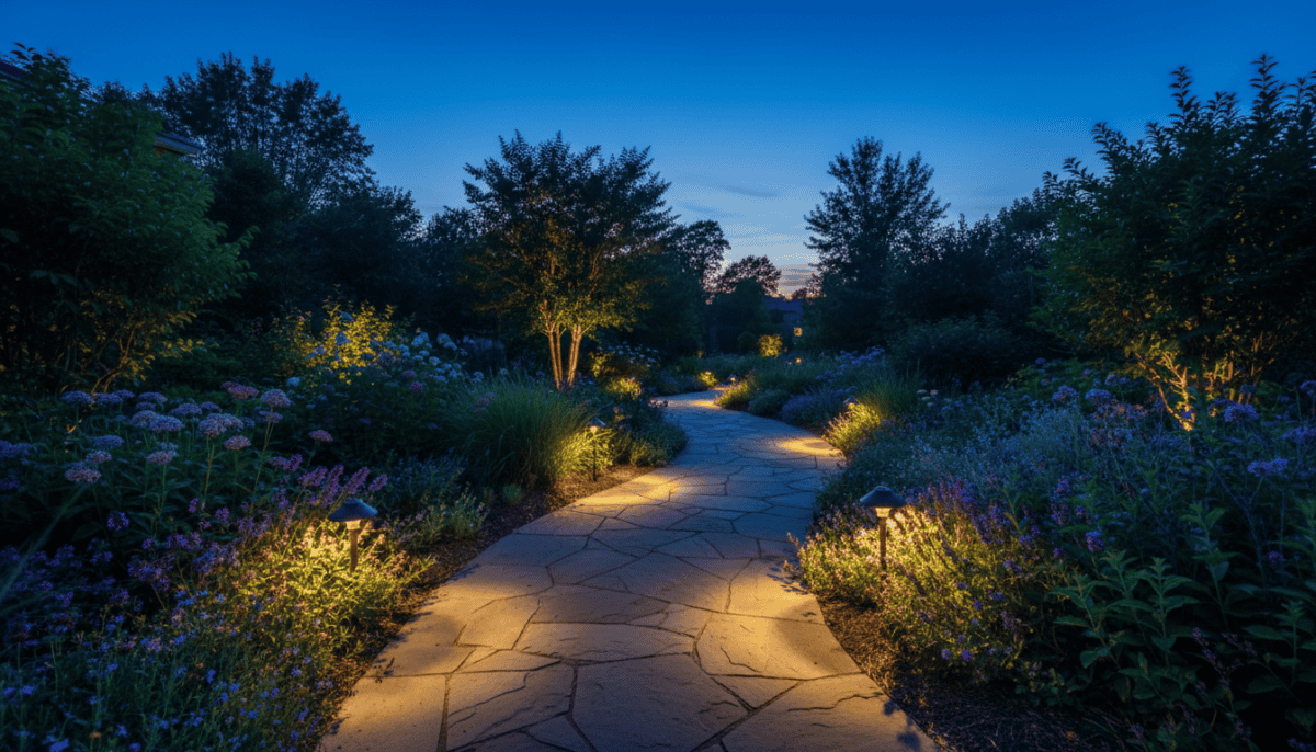 Low-voltage LED path lights glowing along a backyard garden walkway at dusk