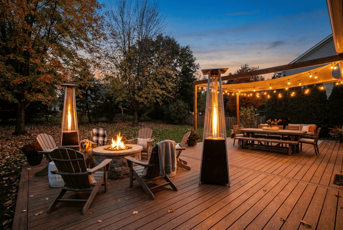 Two freestanding patio heaters spaced across a large wooden deck