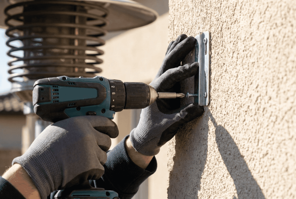 Installing a patio heater mounting bracket on a wall with a drill