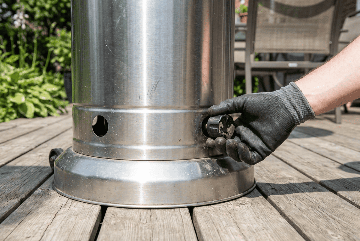 Adjusting the control knob on a propane patio heater during maintenance