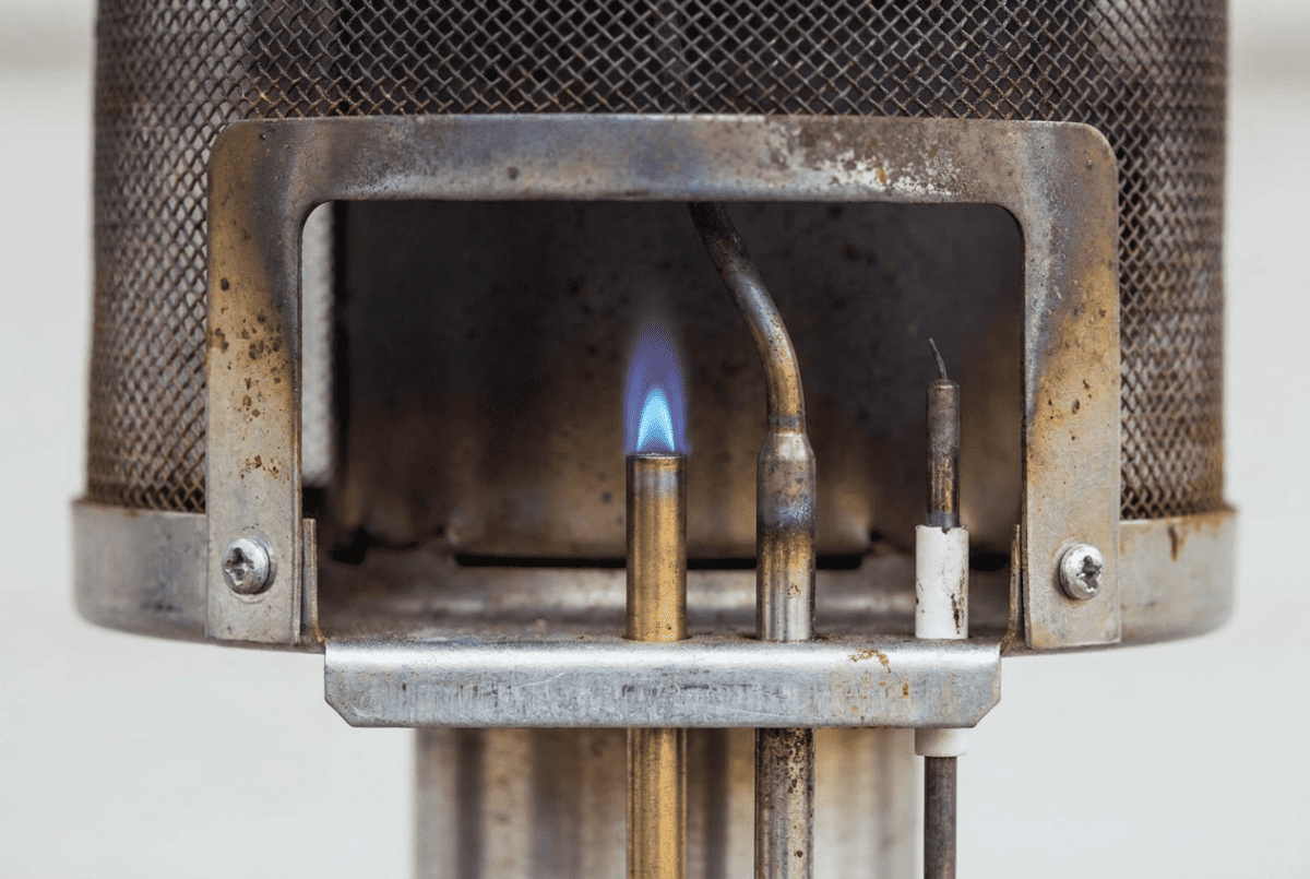 Close-up of a patio heater pilot flame and thermocouple probe