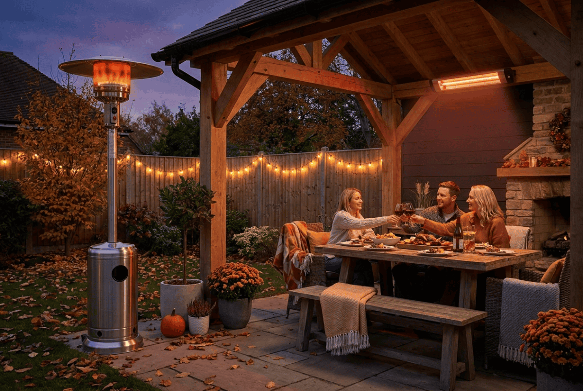 Propane top-hat patio heater and electric infrared patio heater on a covered patio at dusk