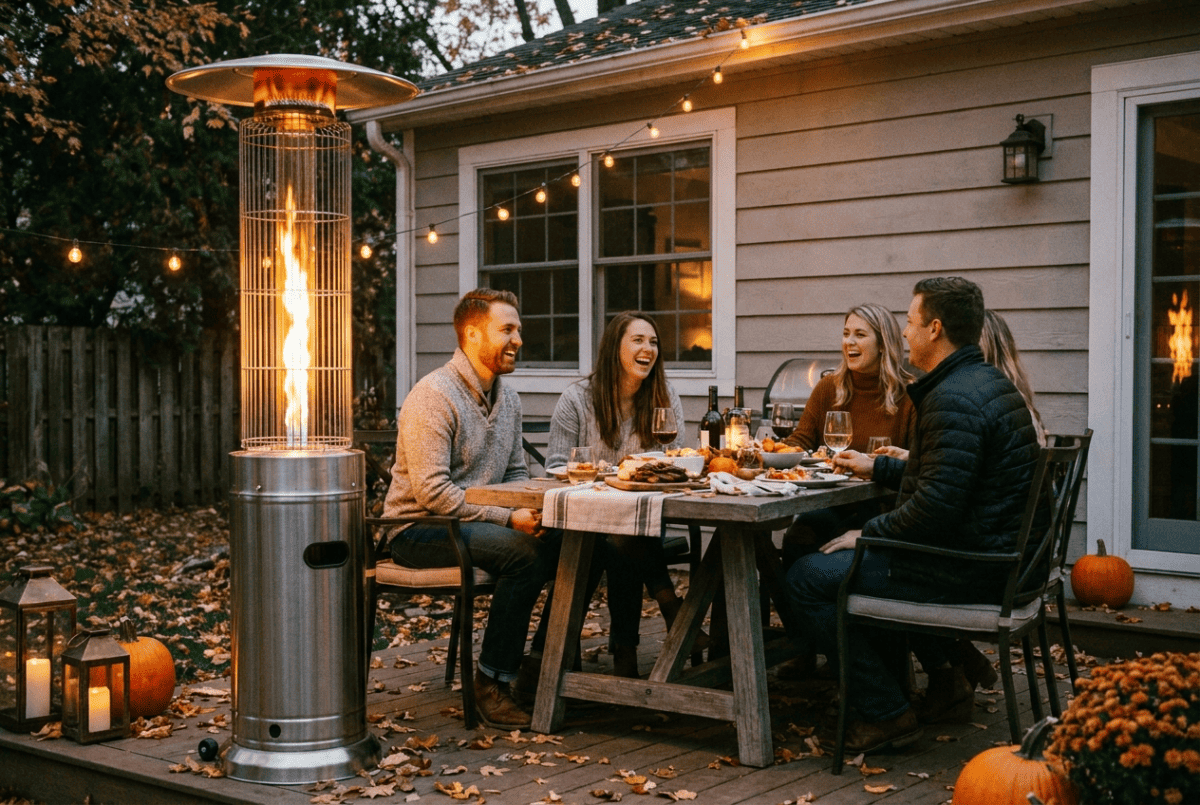 Freestanding propane patio heater warming a seating group on a backyard patio
