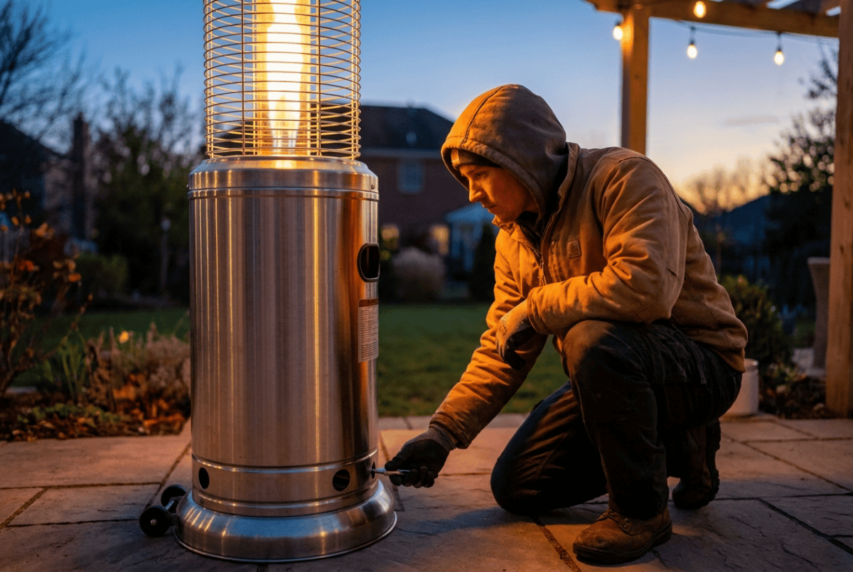 Person troubleshooting a propane patio heater that won't stay lit