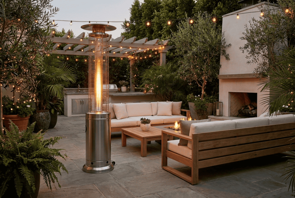 Elegant patio at dusk with a tall glowing patio heater and lounge seating