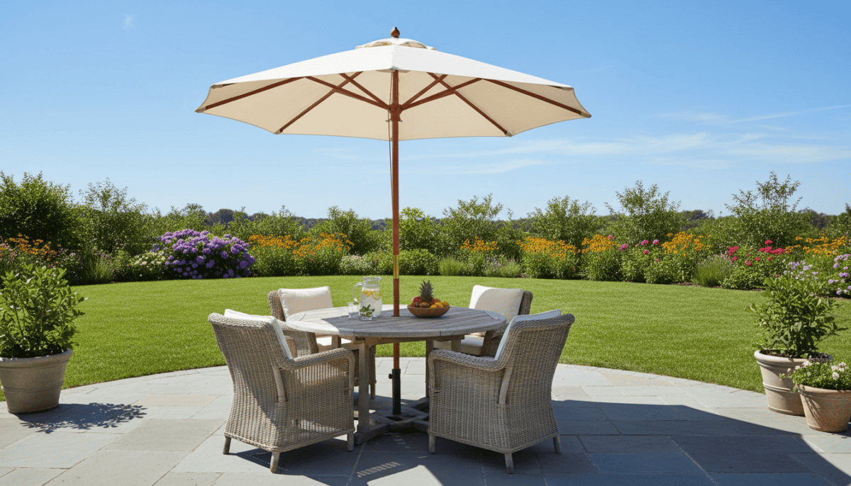 Large market patio umbrella shading an outdoor dining set on a sunny patio
