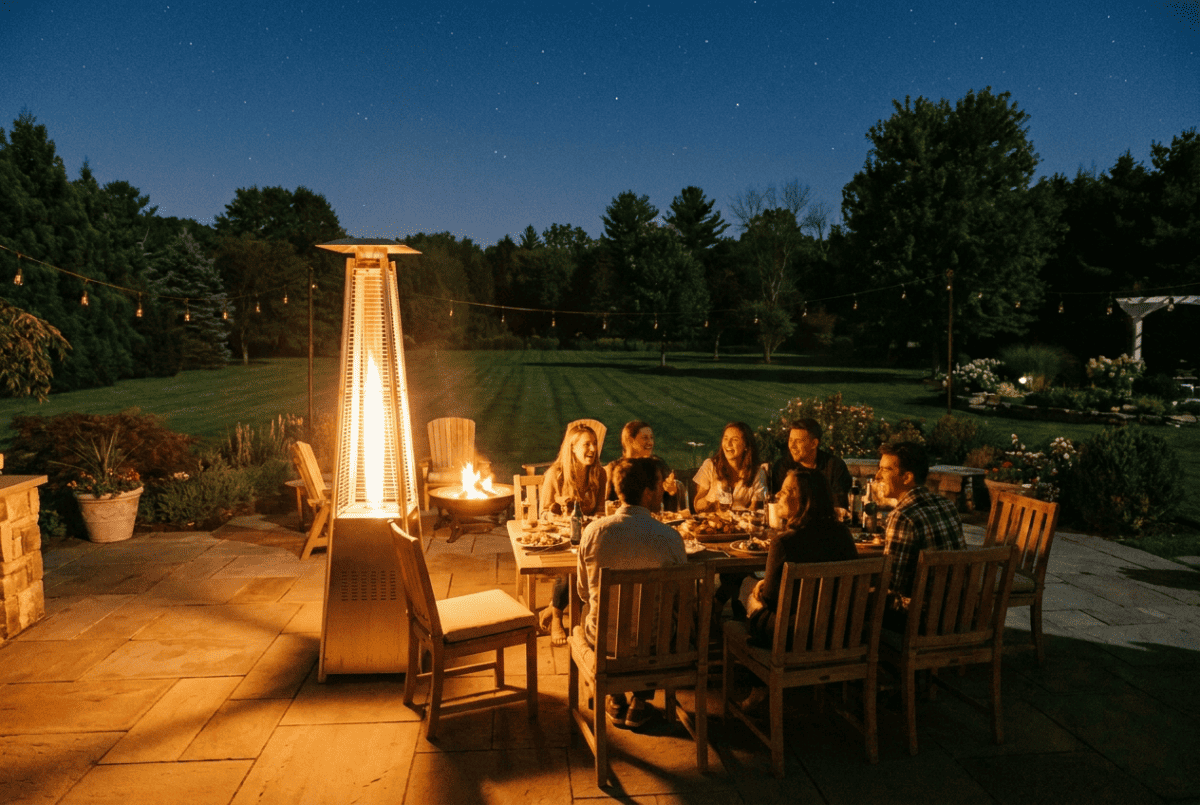Propane patio heater warming a group on a large open backyard patio