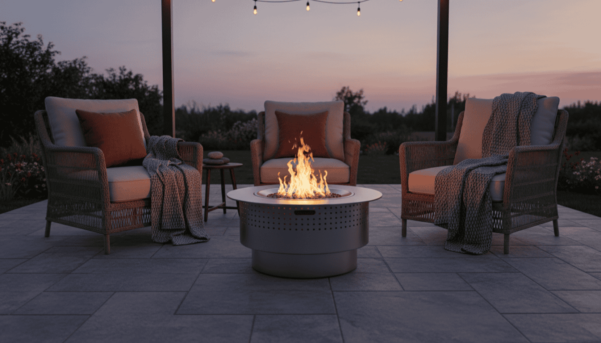 Modern stainless-steel smokeless fire pit glowing on a backyard patio at dusk