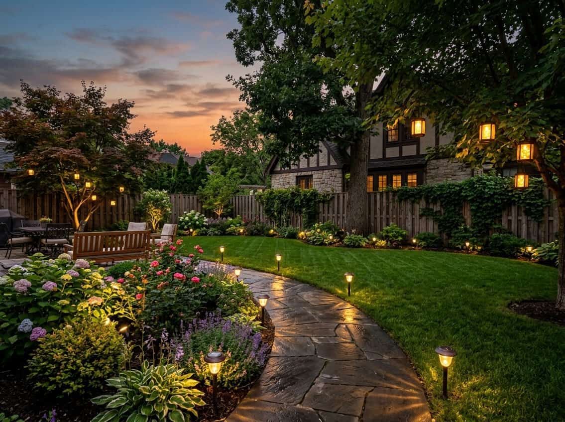 A backyard at dusk with solar lights illuminating a walkway, hanging lanterns, and garden plants.