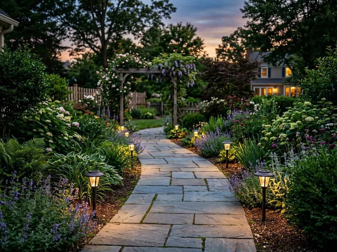 A backyard walkway bordered by plants and flowers, softly lit by solar path lights at dusk.