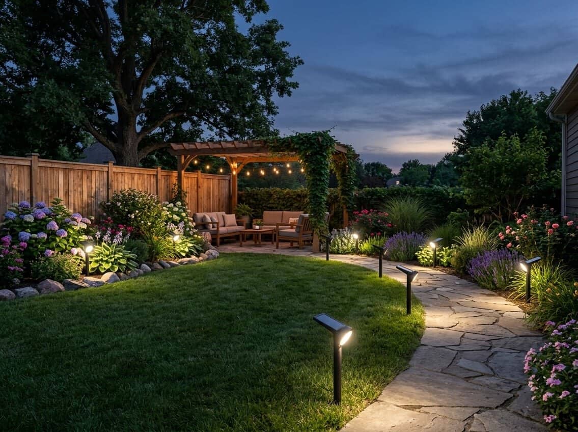 Backyard at dusk illuminated by solar spot lights highlighting plants, pathways, and a seating area.