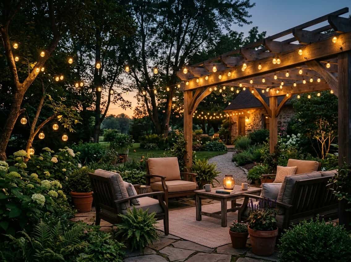 A backyard at dusk with solar string lights hanging above outdoor furniture and garden plants, creating a warm and inviting atmosphere.