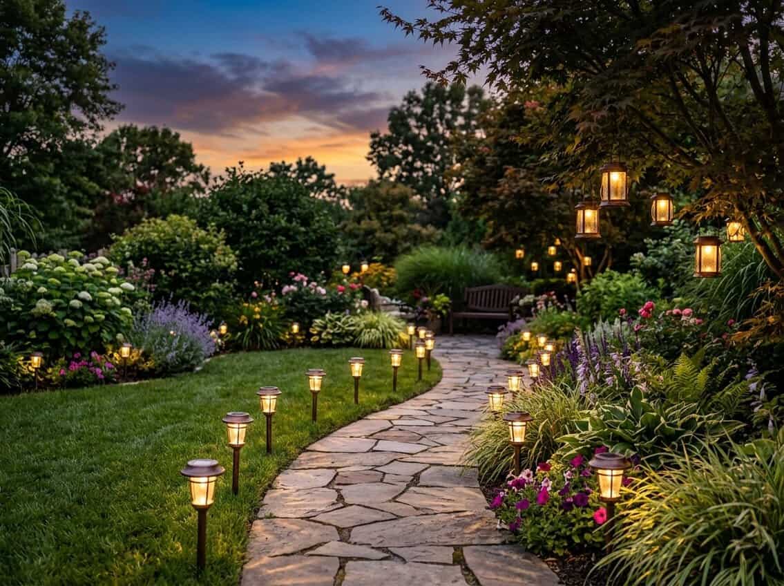 A backyard at dusk with solar garden lights illuminating a stone pathway, flower beds, and trees.