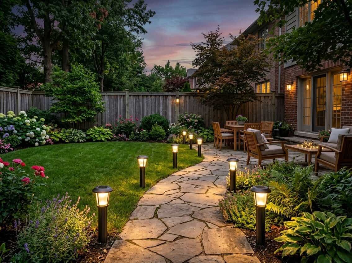 A backyard at dusk with solar garden lights illuminating a stone pathway surrounded by grass and flowers.