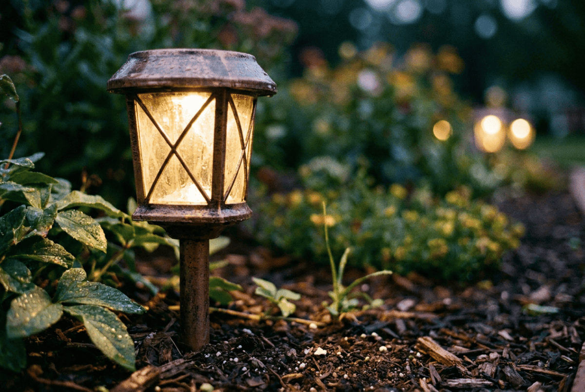 Solar path light glowing warm in a garden bed at dusk