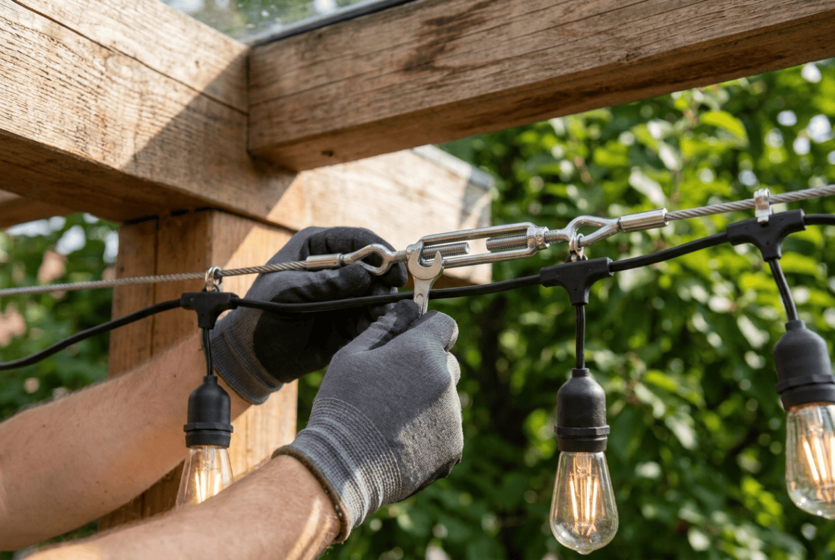 Tightening a turnbuckle on a guide wire with string lights clipped to it