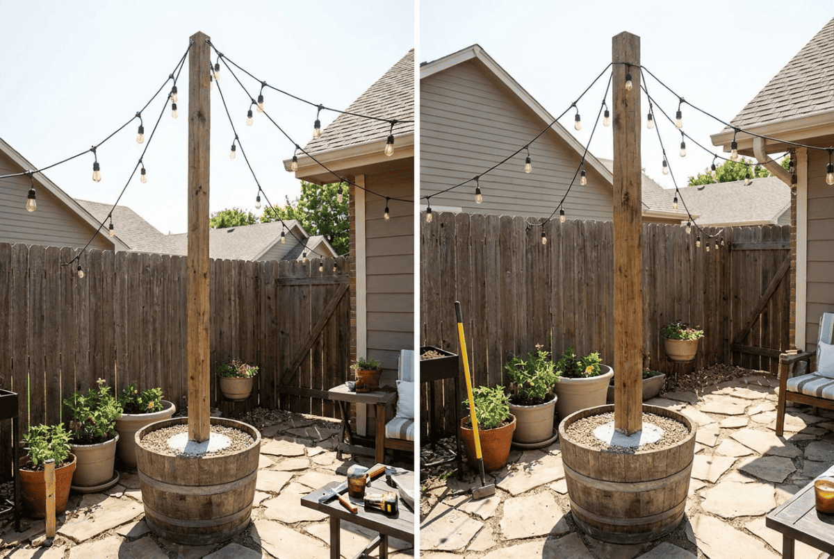 Tall pole set in a weighted planter as a string light anchor