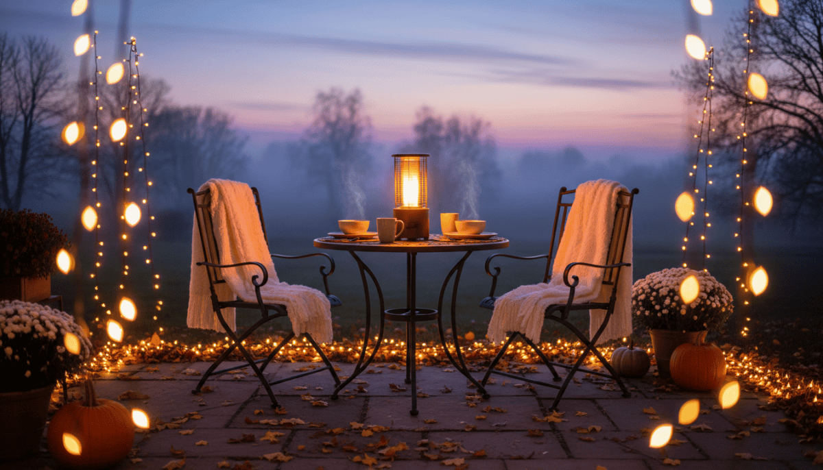 Cozy patio bistro table with a glowing tabletop patio heater at dusk