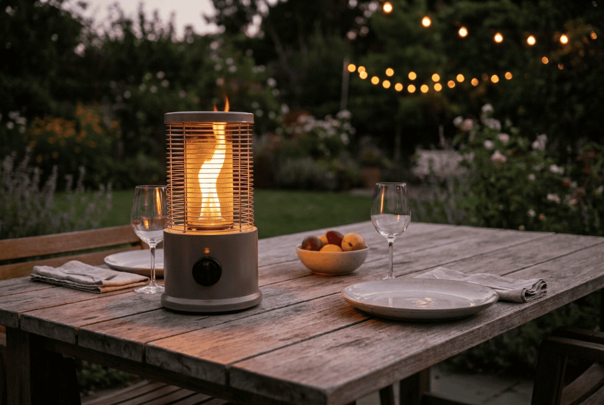 Tabletop propane patio heater glowing on an outdoor dining table for two