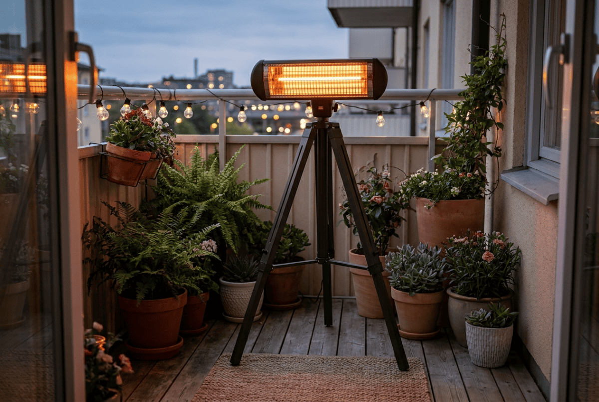 Freestanding tripod infrared patio heater in the corner of a small balcony