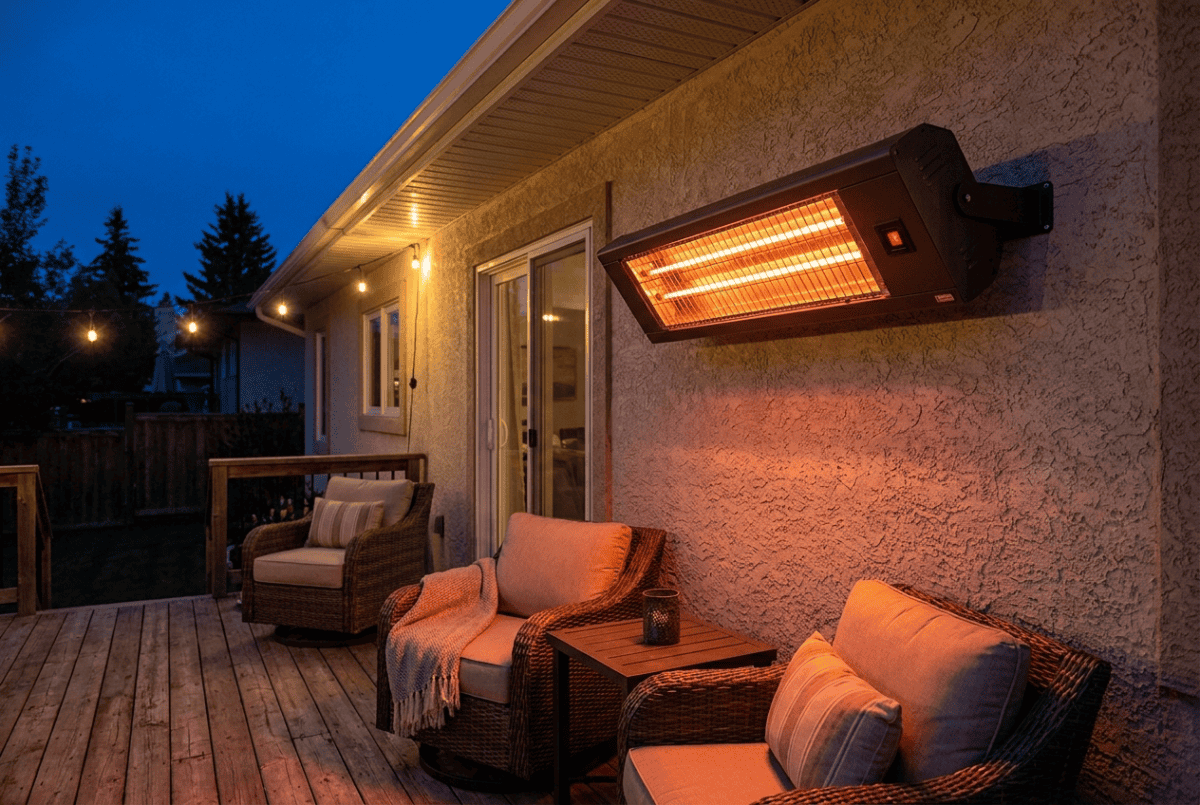 Wall-mounted infrared patio heater on an exterior house wall above a deck