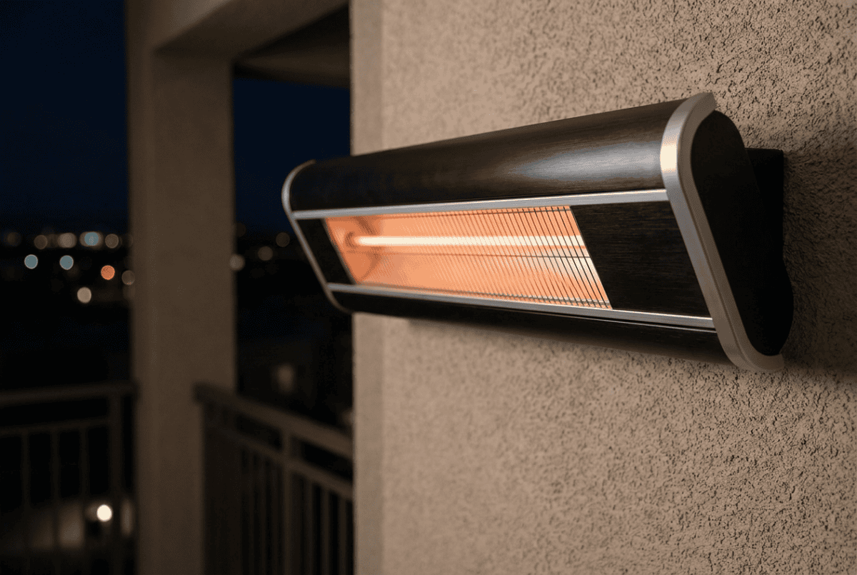 Close-up of a wall-mounted carbon infrared patio heater on a balcony wall