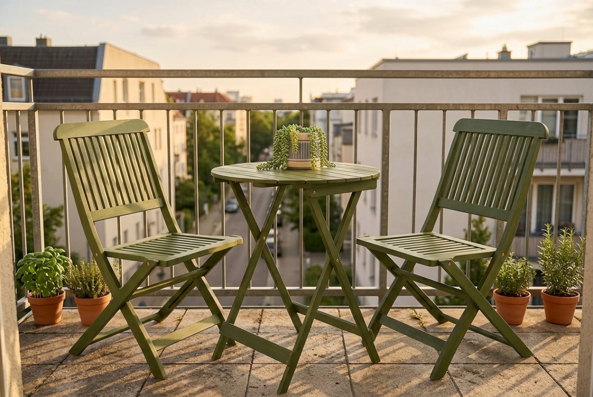 Best Choice Products 3-piece acacia wood folding bistro set on an apartment balcony