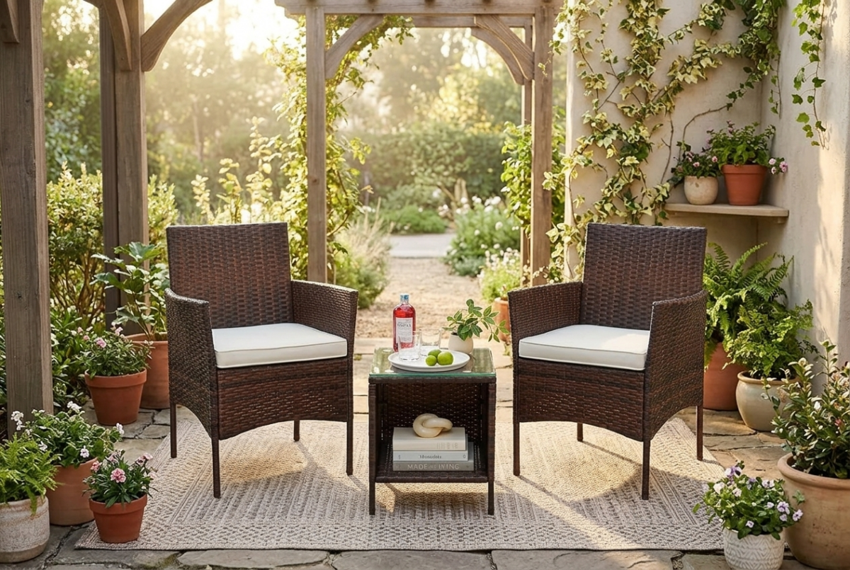 Best Choice Products 3-piece wicker conversation set with cushions on a small covered patio
