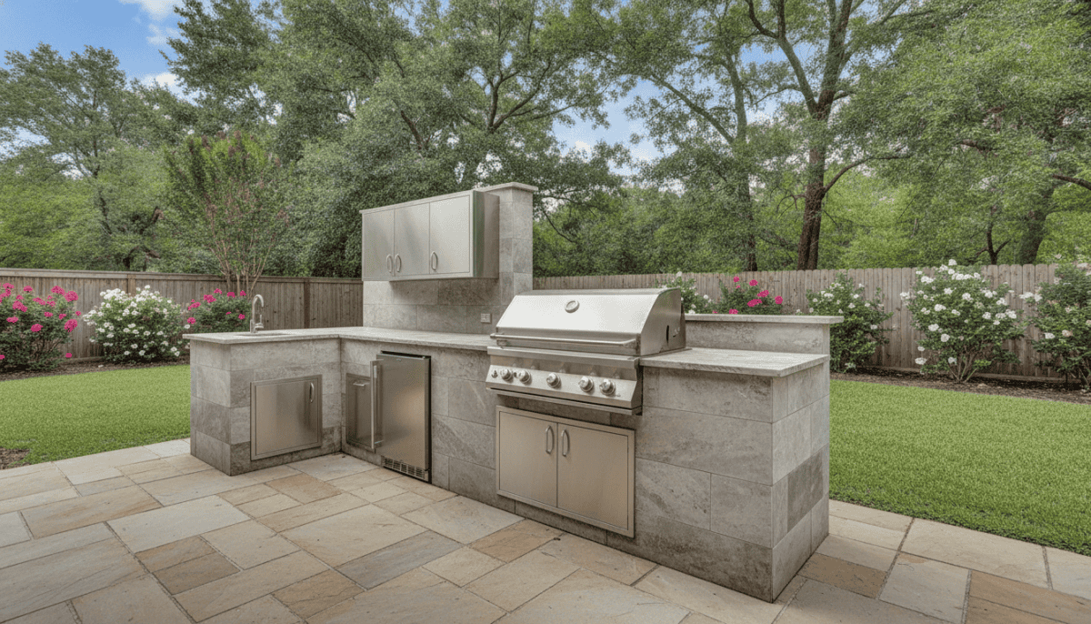 Stainless steel gas grill on a backyard patio