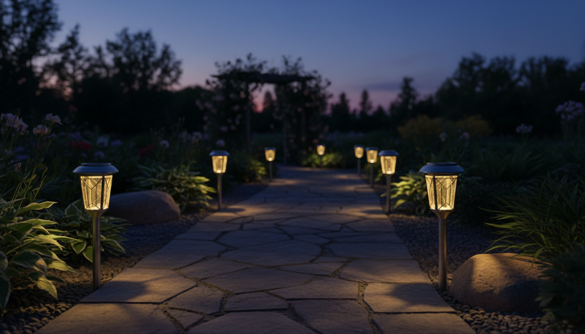 Decorative solar pathway lights glowing along a stone garden path in the evening