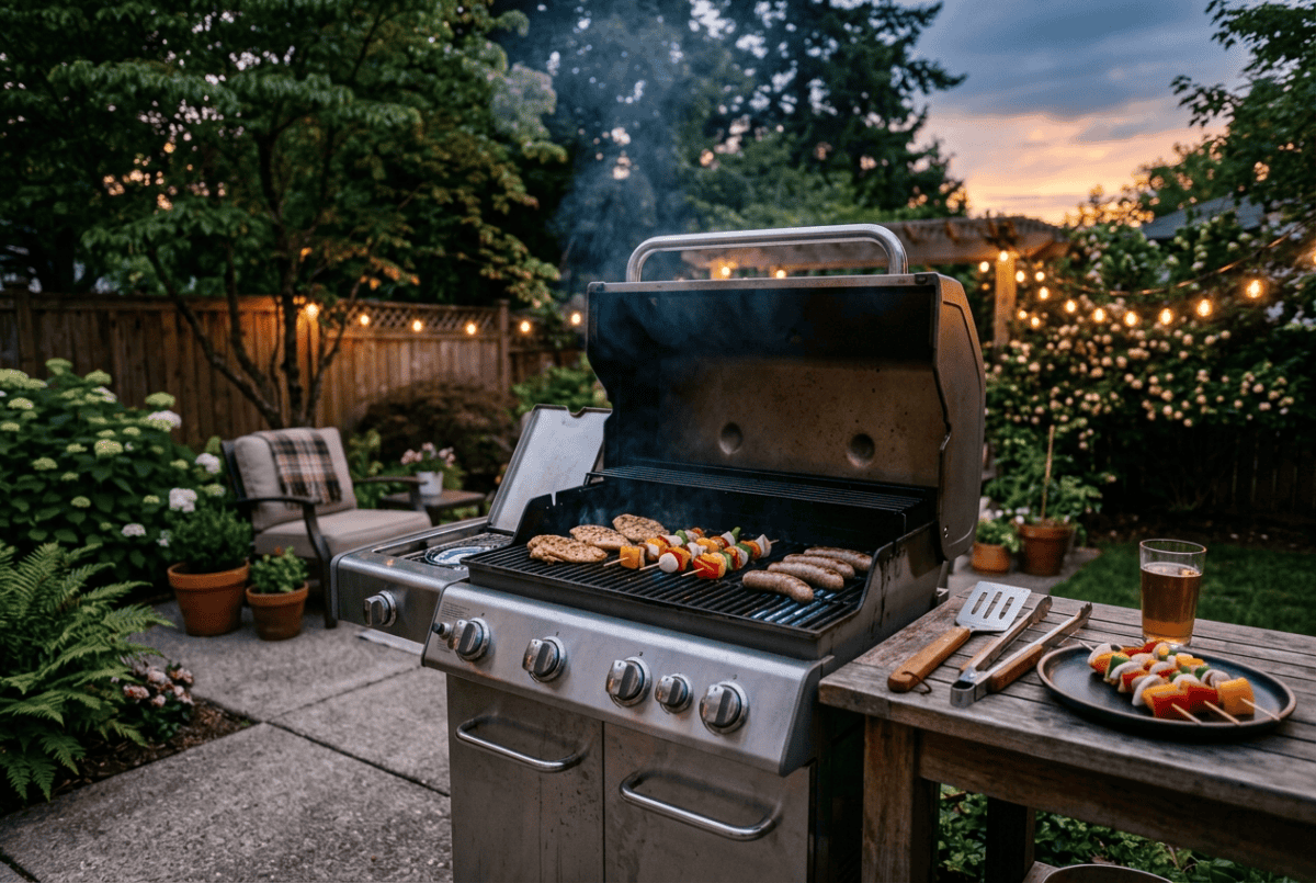 Stainless steel propane gas grill with the lid open and food cooking on cast iron grates on a backyard patio at dusk
