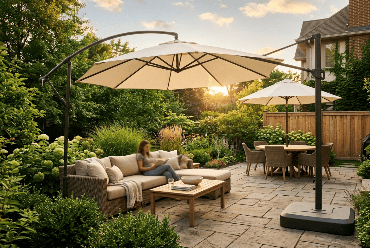 Cream cantilever patio umbrella shading a lounge sofa, with a center-pole market umbrella over a dining table behind it