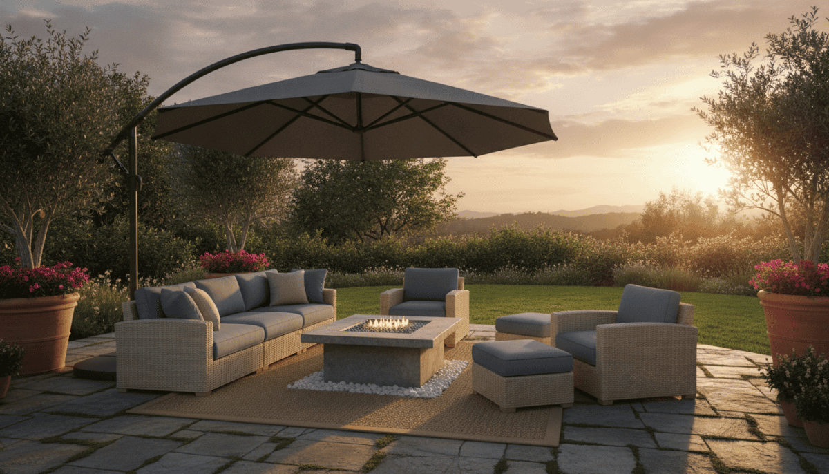 Cantilever umbrella shading a backyard lounge patio