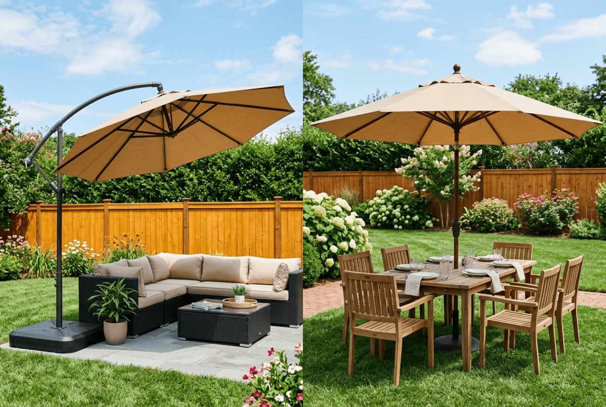 Cantilever offset patio umbrella over a lounge set next to a standard center-pole umbrella over a dining table