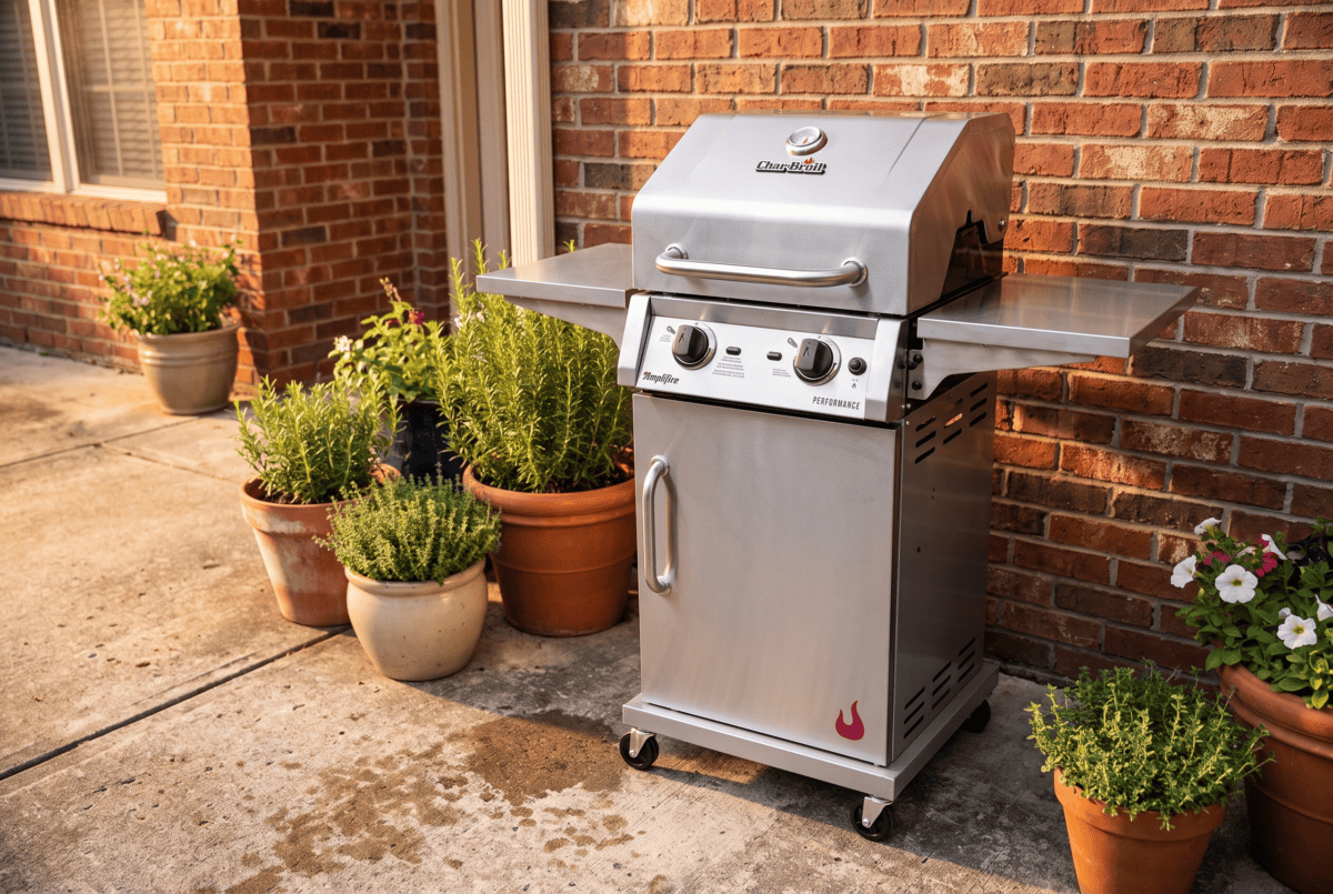 Char-Broil Performance Amplifire two-burner gas grill on a patio beside a brick wall
