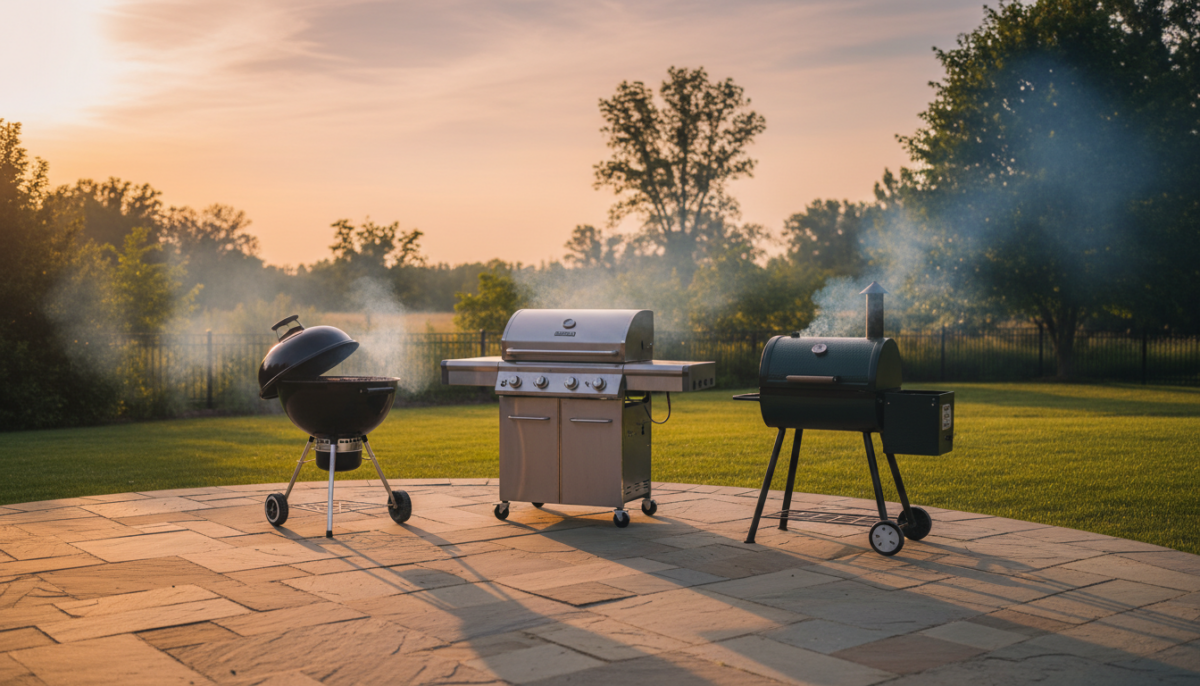 Charcoal, gas, and pellet grills on a backyard patio at golden hour