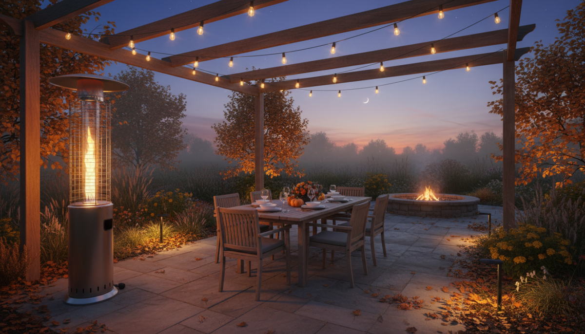 Freestanding gas patio heater glowing on a backyard patio at dusk