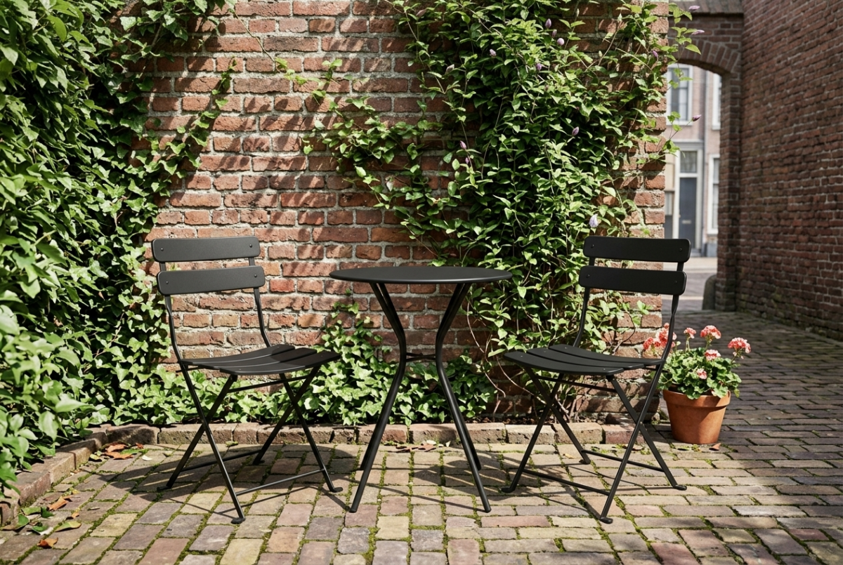 COSCO Outdoor Living 3-piece black steel bistro set with folding chairs in a compact courtyard