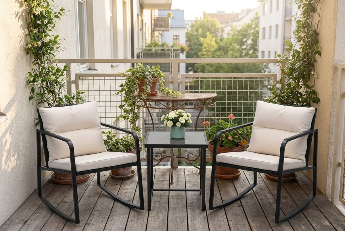 Devoko 3-piece wicker bistro set with cushions on a small apartment balcony