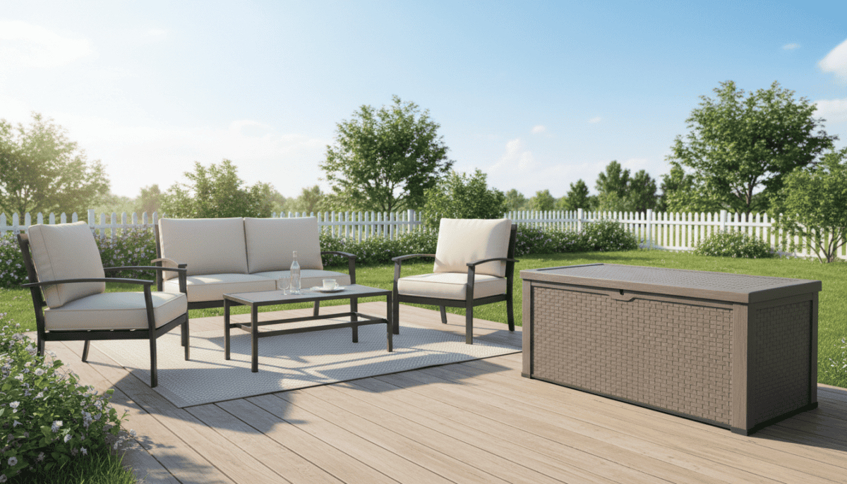Resin deck storage box on a wood deck next to patio furniture