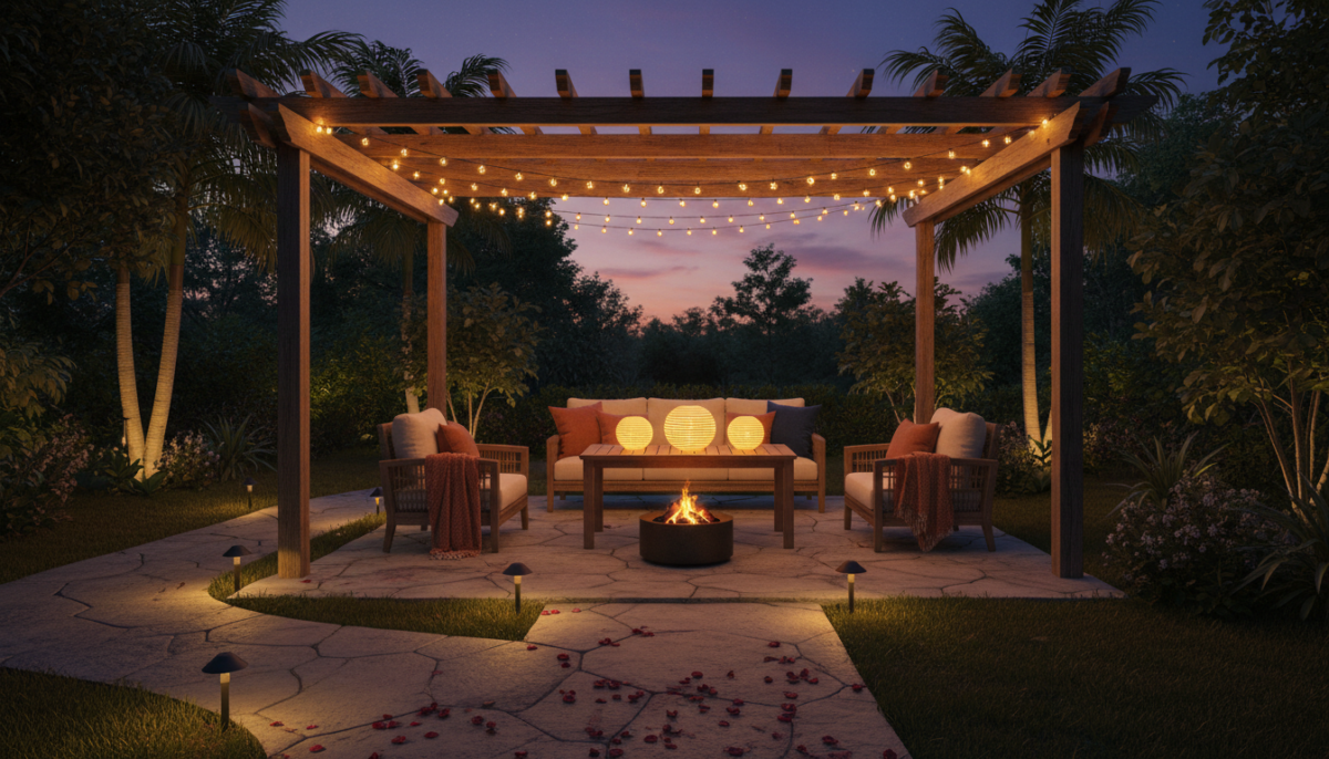 Layered backyard patio lighting at dusk with string lights and path lights