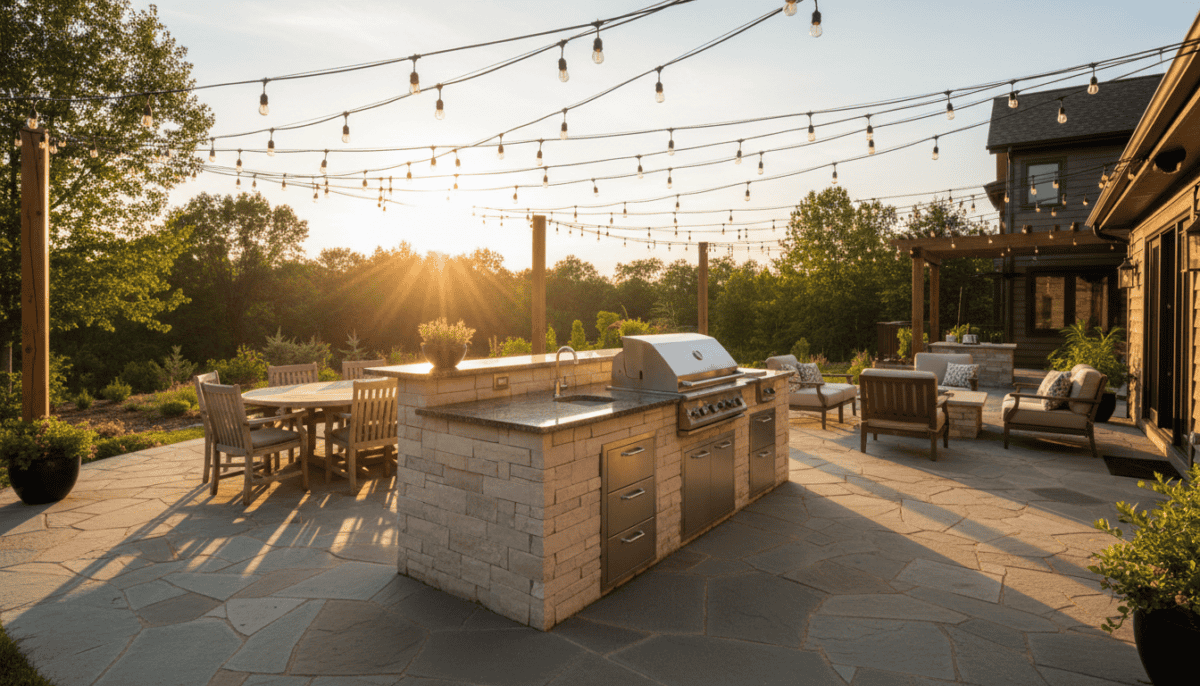 Custom outdoor kitchen with built-in grill island on a stone patio