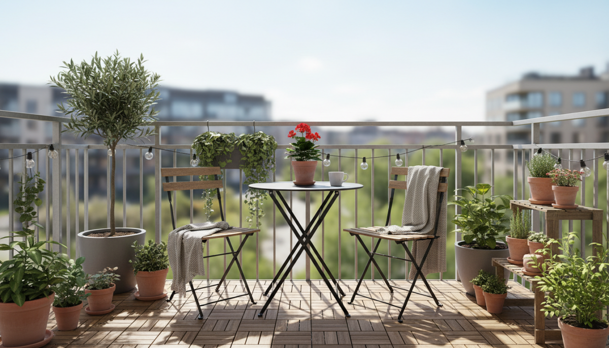 Small apartment balcony with compact bistro table and folding chairs