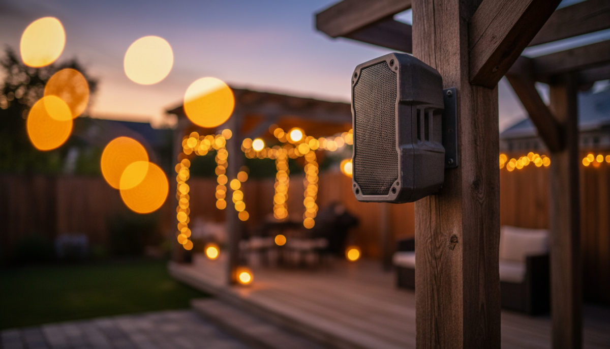 Weatherproof outdoor speaker mounted on a patio post at dusk