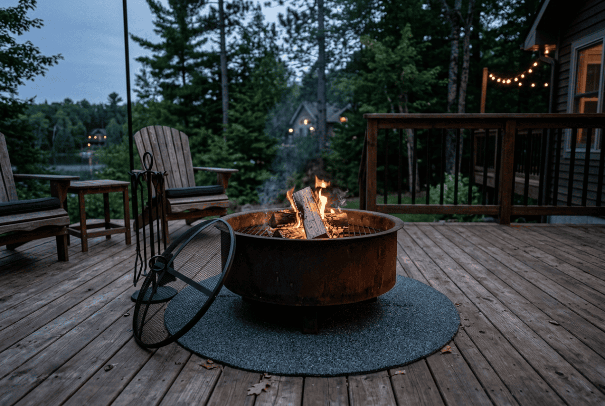 Round steel wood-burning fire pit on a heat-resistant pad on a wooden deck with spark screen nearby