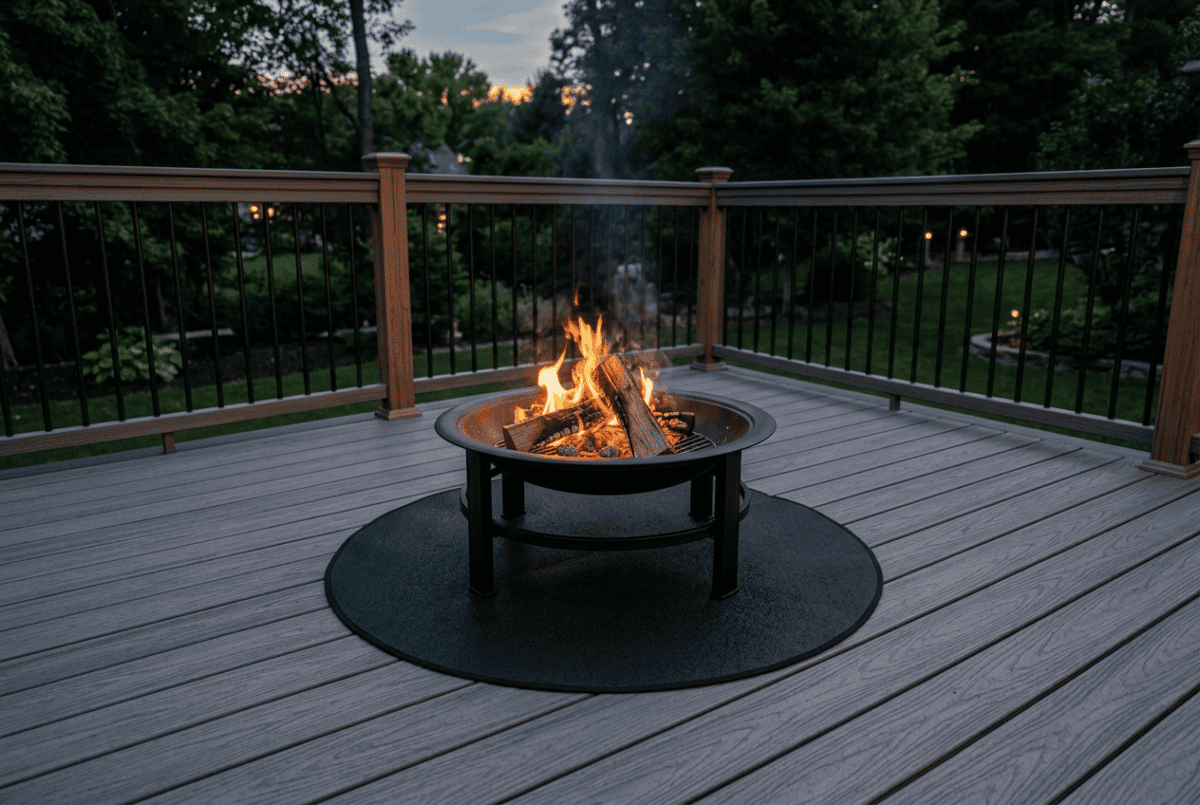 Round steel fire pit sitting on a circular heat shield pad on a gray composite deck with open clearance on all sides