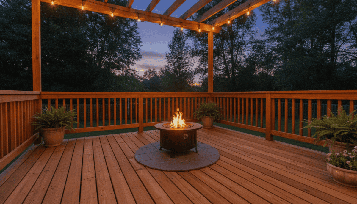 Propane fire pit glowing safely on a heat-resistant pad on a wood deck
