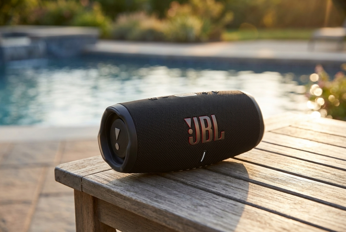 JBL Charge 5 portable waterproof speaker on a poolside patio table