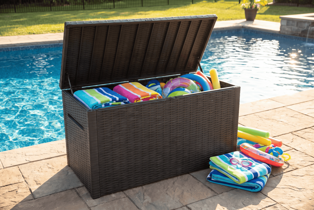 Keter Java 230-gallon XL resin deck box open beside a pool with towels and pool toys inside
